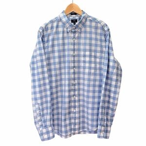 J. Crew Mens Large Slim Fit Gingham Check Plaid Heathered Blue White Button Up